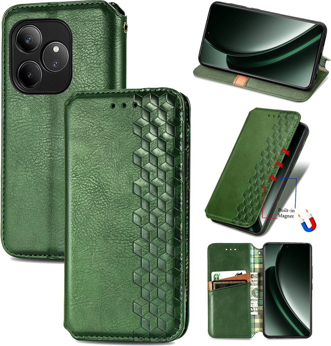 Luxe PU Lederen Ruitpatroon Wallet Case + Screenprotector voor Realme GT 6 / 6T _ Groen