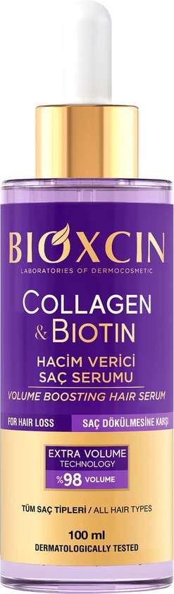 Flesje Bioxcin Collageen & Biotine volume-gevend haarserum van 100 ml, met druppelaar en gouden hals, op een witte achtergrond.