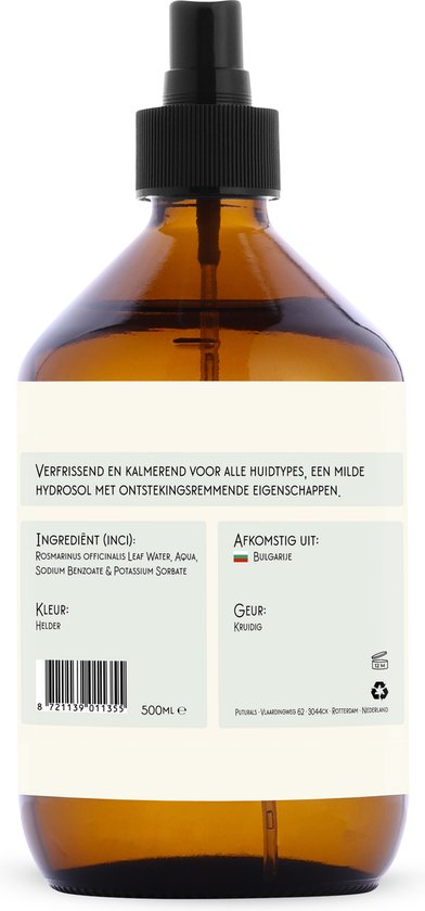 Bruine glazen fles met zwarte sproeikop. Etiket met Nederlandse tekst: "Verfrissend en kalmerend voor alle huidtypes", ingrediënten, kleur: helder, geur: kruidig. 500ml.