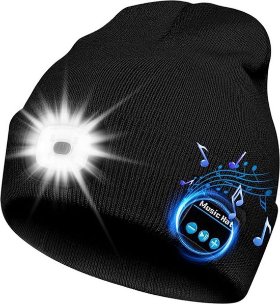 Bonnet Bluetooth 22 x 21 cm avec lumière LED– Bonnet musical sans fil tricoté – Avec écouteurs stéréo – Rechargeable par USB – Idéal pour le camping, la randonnée et le jogging – Noir