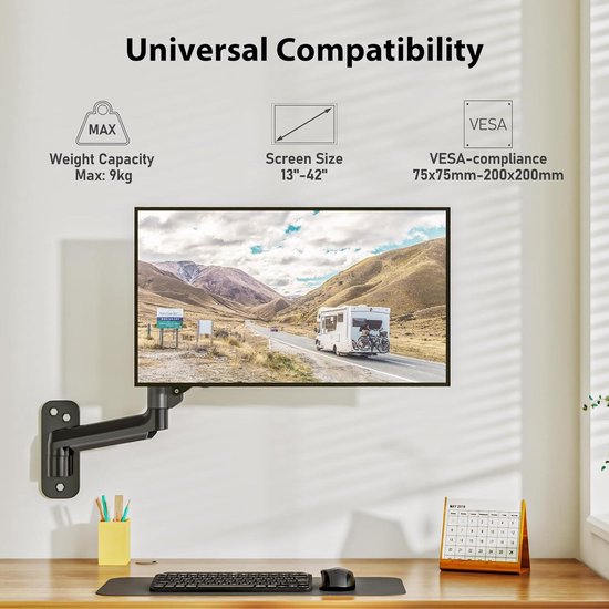 LogiLink Monitorhouder voor 17-49 inch voor wandbevestiging, met gasveer, geschikt voor platte en gebogen monitoren, aluminium