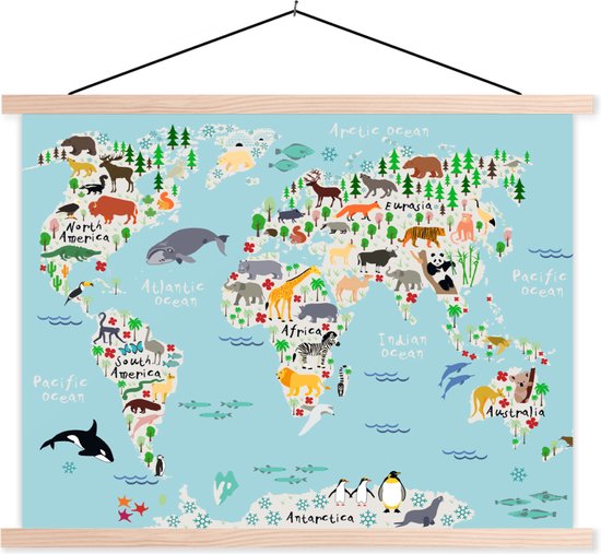 Peinture pour enfants - Décoration chambre - Wereldkaart - Enfants - Animaux - Blauw - Orque - Baleine - Affiche scolaire enfant - 60x45 cm