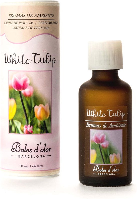 Verpakking en flesje met White Tulip geur, met afbeeldingen van tulpen in verschillende kleuren.