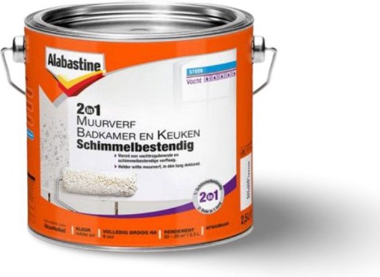 Blik Alabastine 2-in-1 muurverf, badkamer en keuken, schimmelbestendig. Wit met oranje en gele accenten.