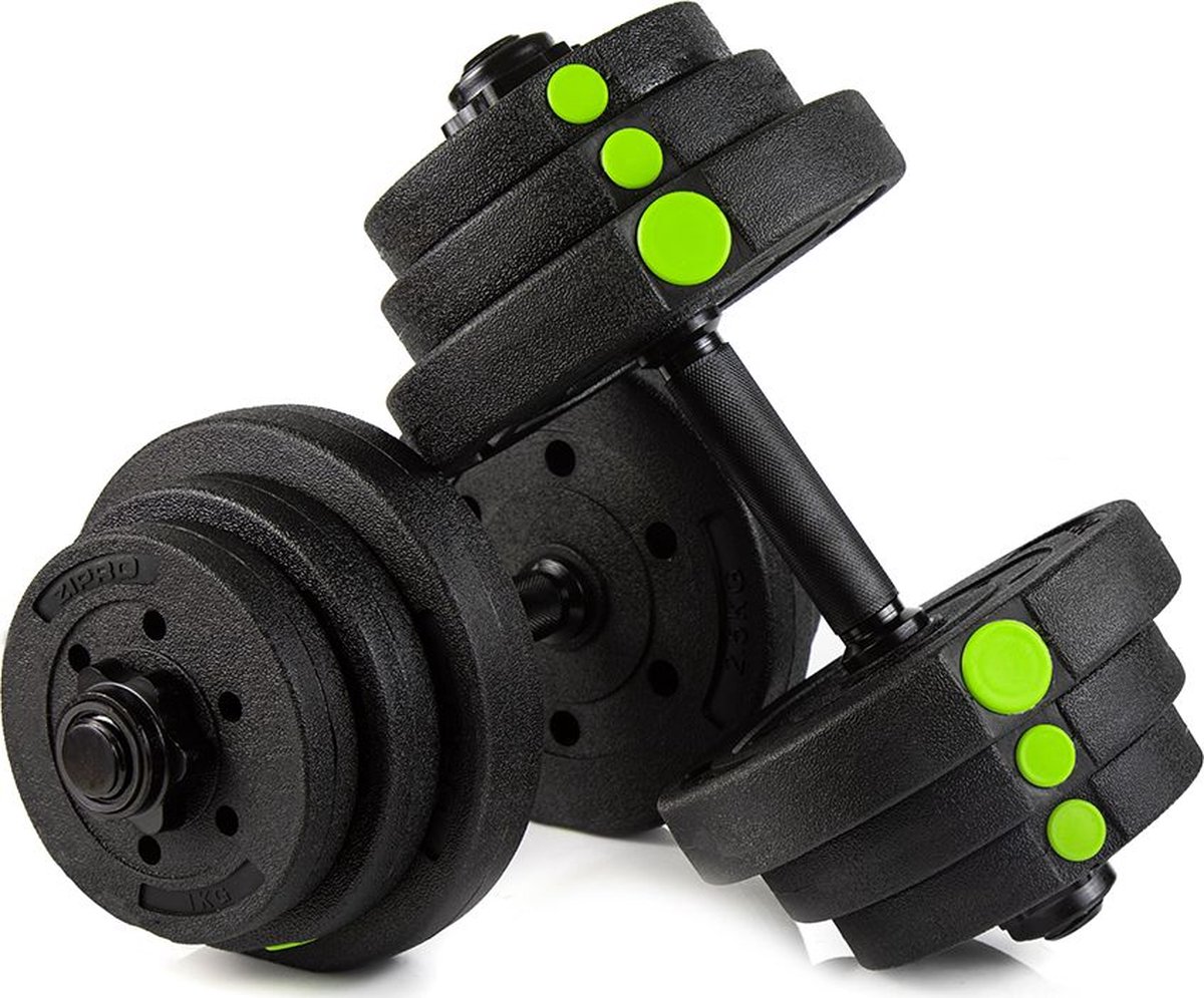 Zipro® Composiet Halterset 2 x 10 kg met gekarteld handvat - Verbindingsbuis en gewichten - Star Locks - Gewichtheffen - Verstelbare Dumbells - Set van 2 stuks - Oefenhalters - Zwart