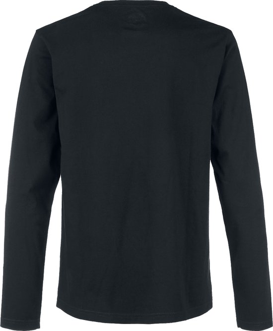 Zwart longsleeve shirt, achterkant, op witte achtergrond.