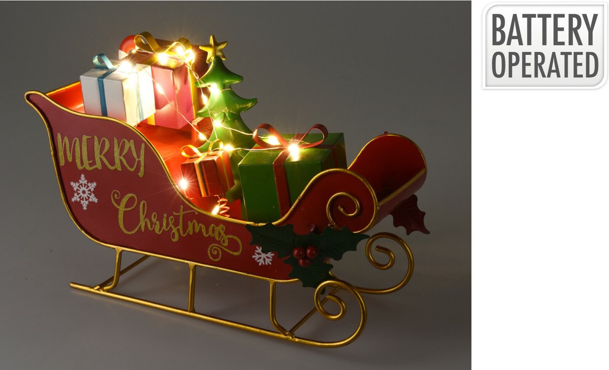 Kerstman slee - decoratie figuur/beeld - 27 x 10 x 20 cm - met LED verlichting - metaal – foto 2