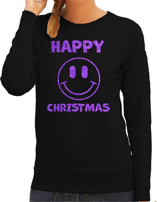 Bellatio Decorations foute kersttrui/sweater dames - Happy Christmas - zwart - glitter paars - Smile / Emoticon XL