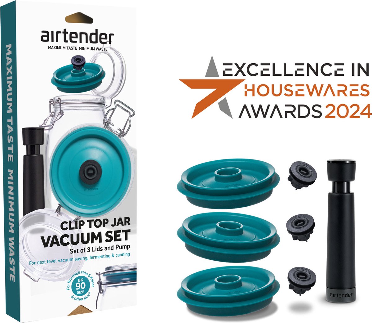 Airtender Vacuümdeksels voor Weckpotten – Incl. Vacuümpomp - Set van 3 deksels - Starterset (geschikt voor o.a. Kilner®, HEMA en Bormioli Fido) - Nu 2+1 deksel GRATIS