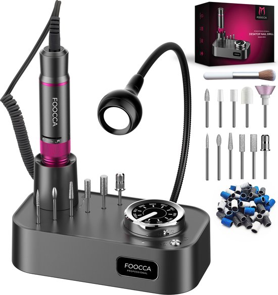 FOOCCA® Elektrische Nagelvijl 35000 RPM PRO Desktop - LED Verlichting - Nagelfrees - Manicure en Pedicure Set - Eeltverwijderaar - 11 Bitjes en 65 Schuurrolletjes (uitbreidbaar) - Nagelstofkwast