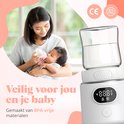 Moeder met baby op schoot, geeft flesje melk. Naast een witte flesverwarmer. Logos CE en BPA-vrij. "Veilig voor jou en je baby. Gemaakt van BPA-vrije materialen".