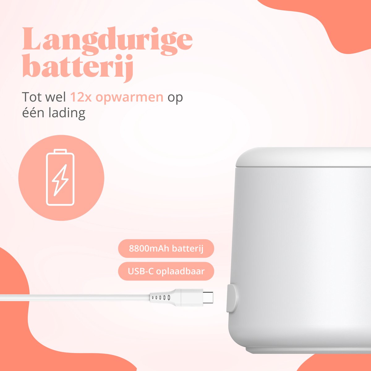 Evite Draagbare Flessenwarmer Slim - Oplaadbaar - Flessenwarmer Onderweg - BPA Vrij - 6 Adapters en 4 Standen - USB-C - Wit thumbnail 6