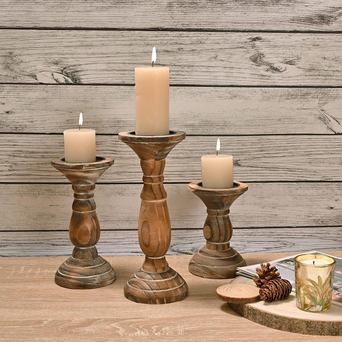 Pijler Kaarsenhouder Set van 3 Boerderij Decor Houten Kandelaars voor Tafel Centerpieces - Bruin Woondecoratie Keuken Eetkamer Tafel Decor vloerkandelaar