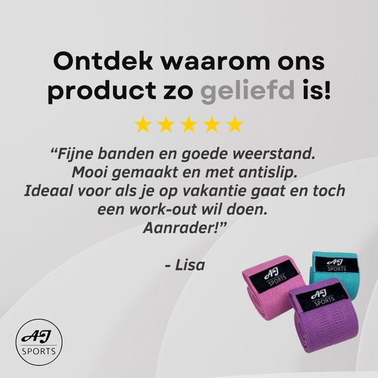AJ-Sports Weerstandsbanden - Booty Band - Resistance band - Fitness elastiek - Paars/Roze/Cyaan - set van 3 - Fitness - Inclusief handleiding en draagtas