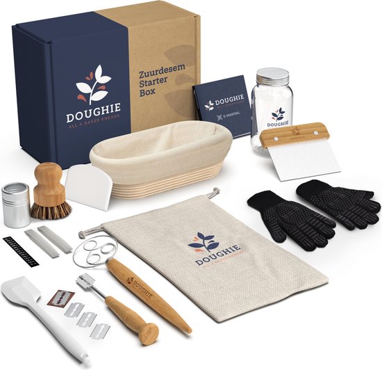 Startset voor zuurdesem, ovale rijsmand 25 cm, bakaccessoires met