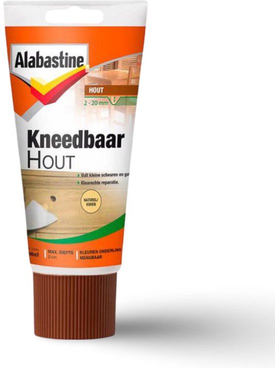 Alabastine Kneedbaar Hout tube, natuurlijke kleur/vuren. Vult scheuren en gaten. Max. diepte 2 cm.