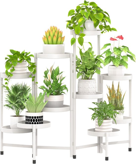 KOLENSA Metalen plantenstandaard met wielen, 4 niveaus 6 potplanten binnen en buiten bloemenstandaard rek plantenplank voor terrasdecoratie, tuin, balkon, kamer, kantoorgebruik