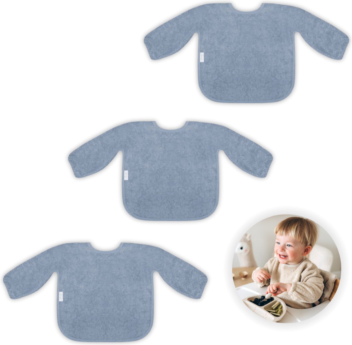Goedkoopste Funnies Slab met Mouwen 3-Pack - Grey Blue - Set van 3 Stuks - Slab voor Kinderen - Slabbertjes Baby - Slabber