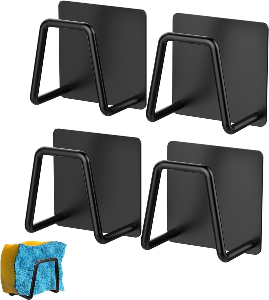 Sponshouder 4 Packs Sponshouder zuignap-roestvrijstaal Waterdichte haak Keuken Badkamer (zwart) sponshouder gootsteen magnetische