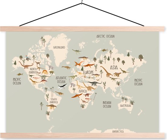 Wereldkaart enfants - Dinos - Chambre d'enfants - 120x80 cm - Affiche scolaire