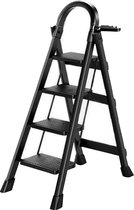 OFMOTRA Huishoudtrap 4 treden - keukentrap - Inklapbar/opvouwbar - antislip - 150kg Draagkracht - Max werkhoogte: 279 cm - Zwart
