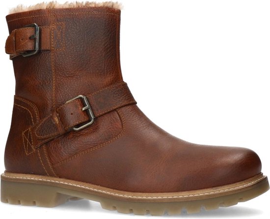 Botte style motard en cuir marron avec boucles et doublure en fourrure.