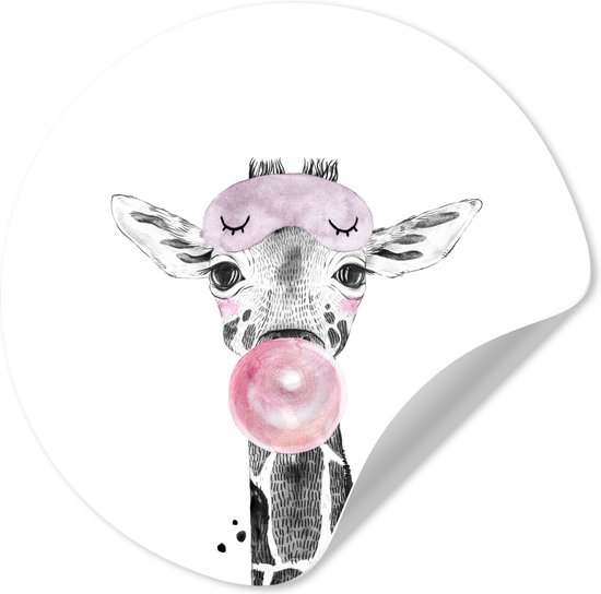 Sticker mural rond détaillé représentant une girafe avec un masque de sommeil rose et une grosse bulle.