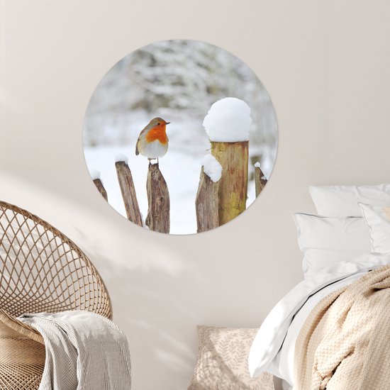 WallCircle® - Papier peint cercle 100x100 cm - Stickers muraux Rouge-gorge sur une clôture enneigée - Cercle mural salon - Cercle mural chambre - Décoration de chambre autocollante - Accessoires de Décoration murale XXL