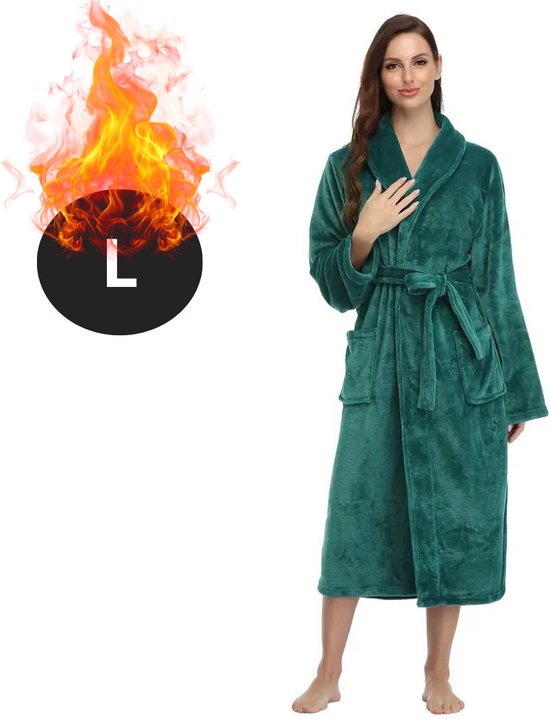 Bovista Badjas Dames - Fleece - Katoen - Badstof - Sauna - Hamam - Wafel - Bathrobe - Duster - Ochtendjas - Spa - Kimono - Groen L