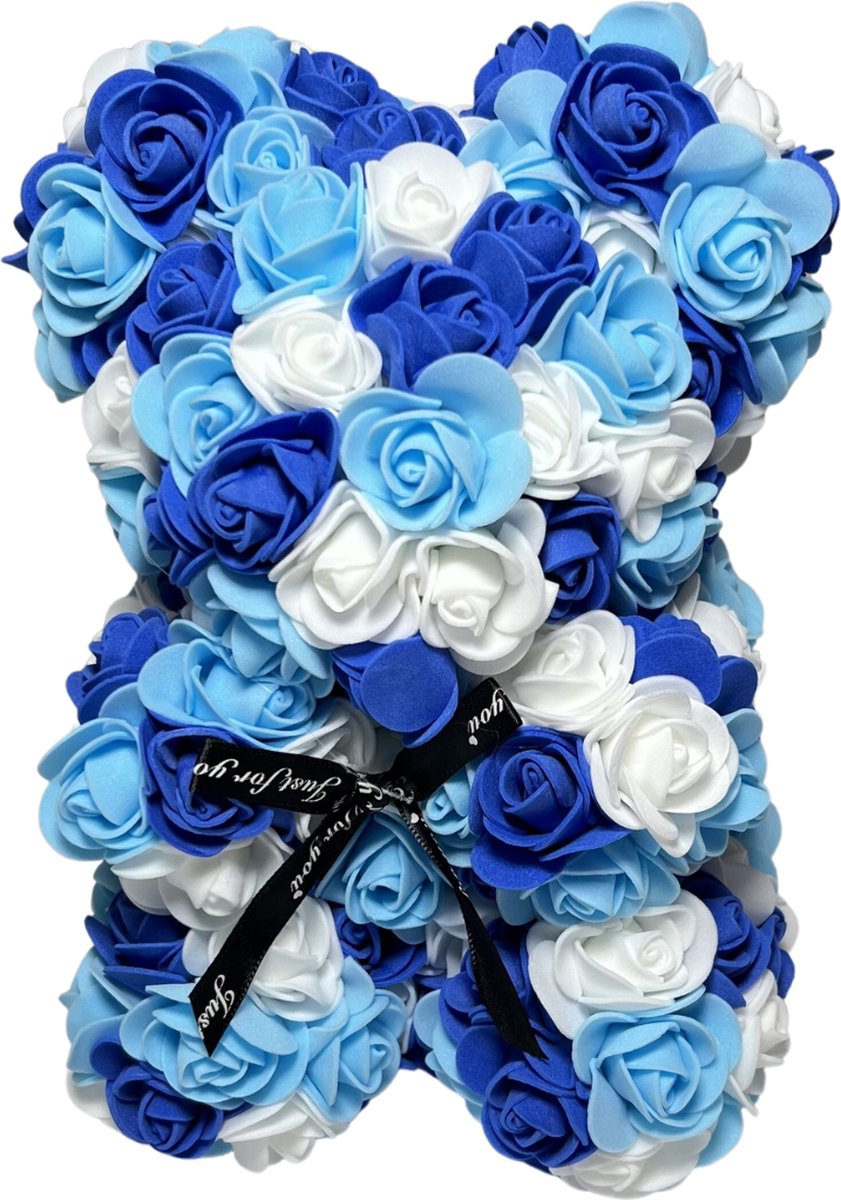 Bovista Rozen Teddy Beertje - Valentijn Cadeautje Voor Haar & Hem - Rose Bear - Rozen Beer - Vrouw - Blauw & Wit