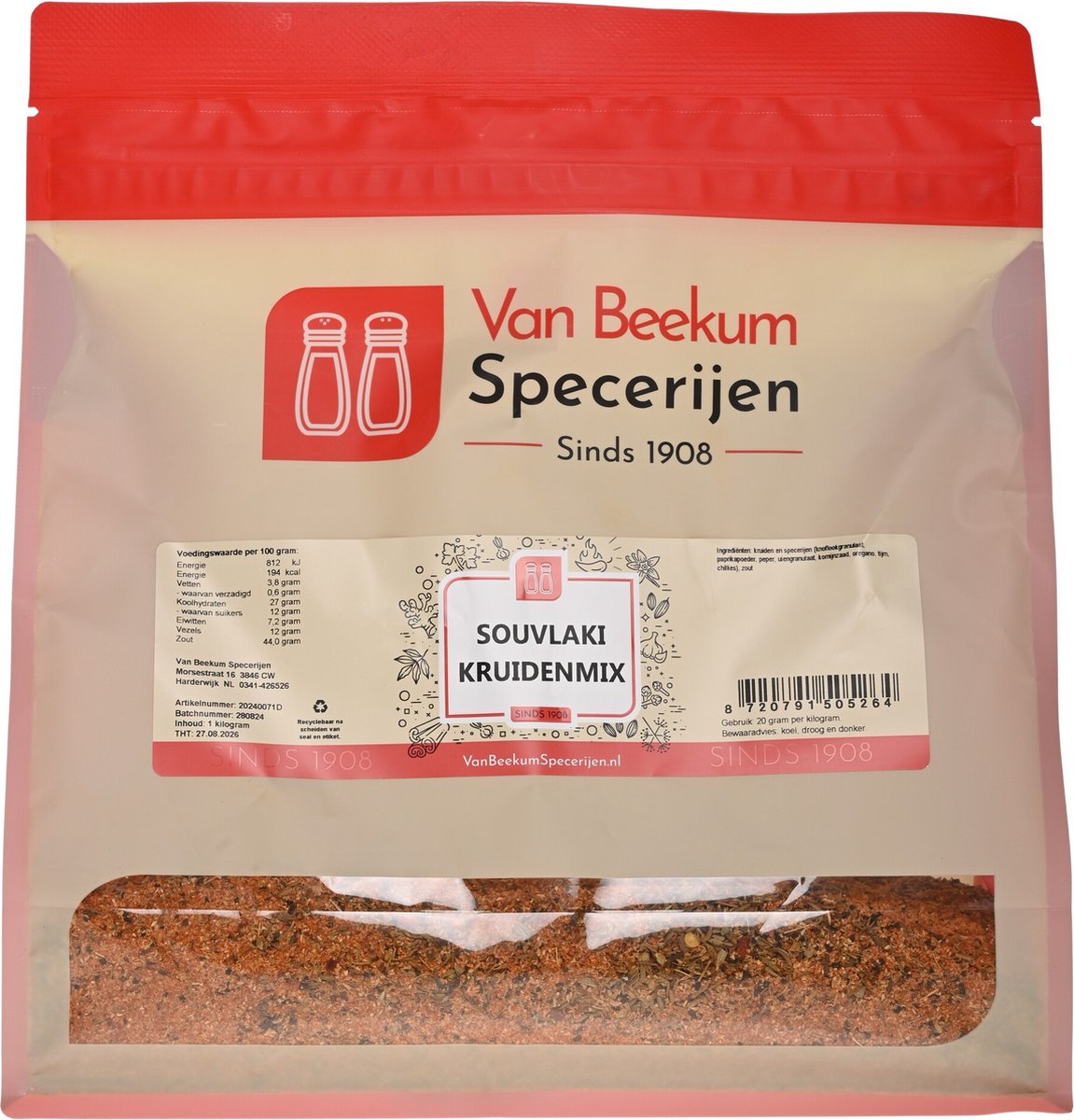 Goedkoopste Van Beekum Specerijen - Souvlaki Kruidenmix - 1 kilo (hersluitbare stazak
