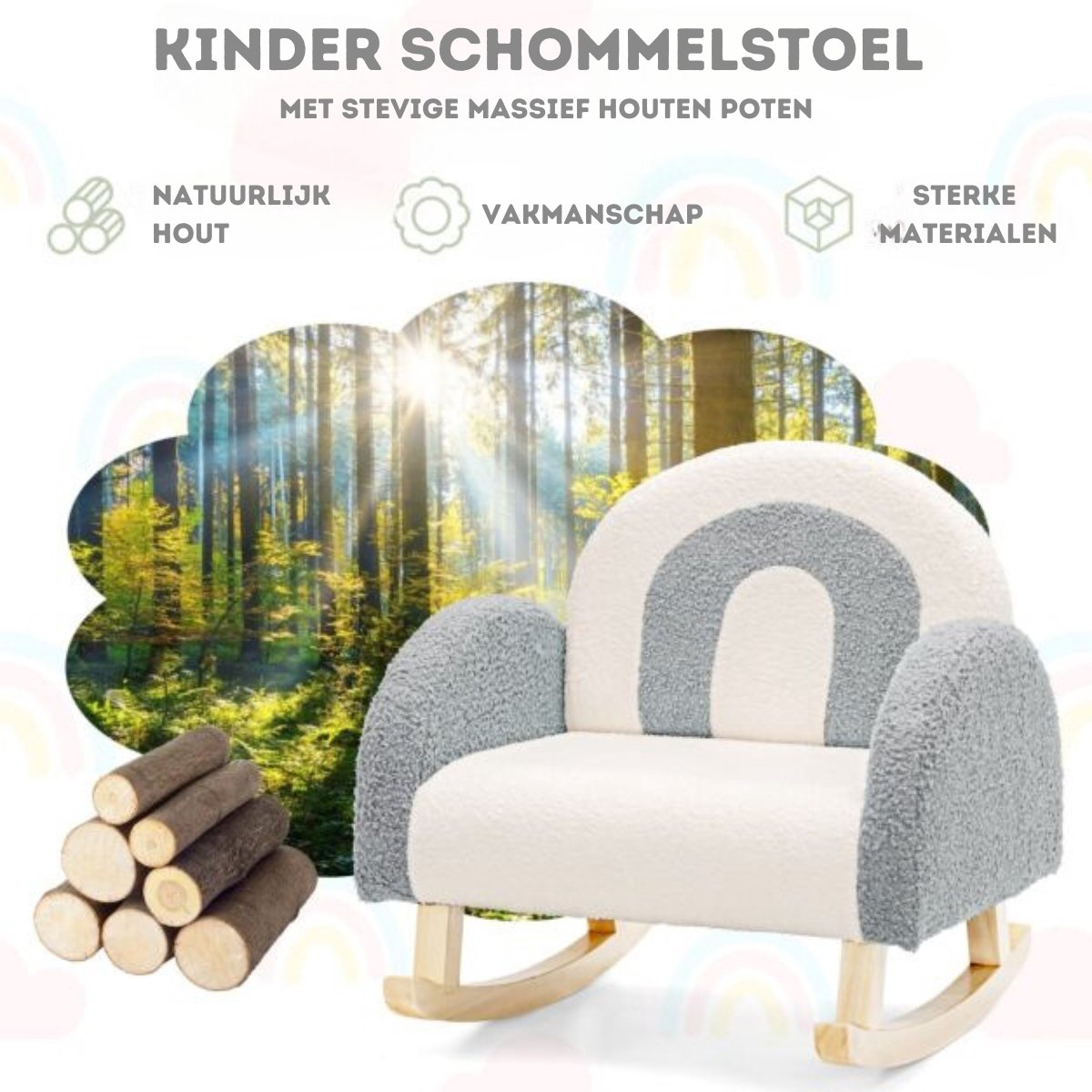 Trendmix Kinderschommelstoel Teddy Grijs – Schommelstoel Kind 3-5 Jaar – Ergonomisch & Zacht – Houten Onderstel – 50,8 × 49,5 × 50,8 cm — afbeelding 4