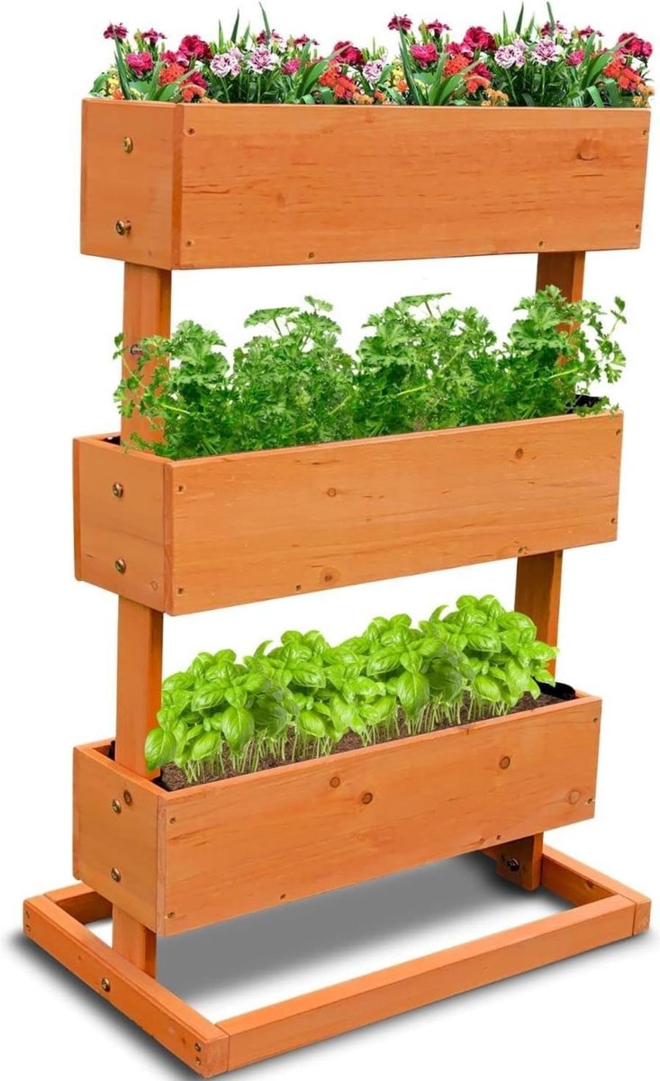 Verticaal Plantenrek Houten bloemenstandaard met 3 Plantenbakken - Weerbestendig en Ruimtebesparend, Ideaal voor Kruiden, Bloemen en Groenten