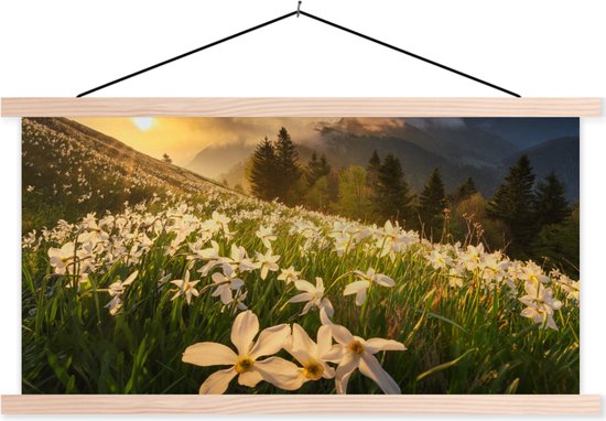 Posterhanger incl. Poster 150x75 cm - Schoolplaat - Bloemenveld - Heuvels - Zonsondergang - Berg - Natuur - Wit - Heuvels - Textielposter - Blanke latten