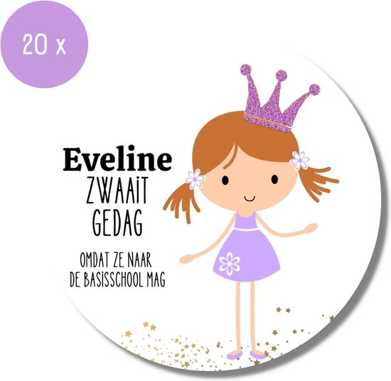 20 x Eveline zwaait gedag omdat ze naar de basisschool mag. Meisje met kroon en jurk.