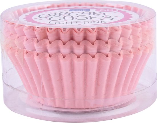 Een ronde doorzichtige plastic verpakking met lichtroze papieren cupcakevormpjes, 60 stuks.
