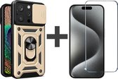BixB hoesje met screenprotector van gehard glas Geschikt voor iPhone 15 Pro met Ringhouder en Camera schuifje backcover - Goud