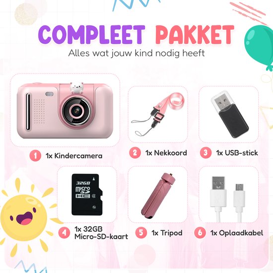 Compleet pakket roze kindercamera met accessoires: nekkoord, USB-stick, 32GB Micro SD-kaart en statief. Tekst: "Compleet Pakket".