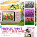 Roze kindercamera met foto van speeltuin op scherm en verschillende kleureffecten. Tekst: "Perfecte foto's vanuit elke hoek".