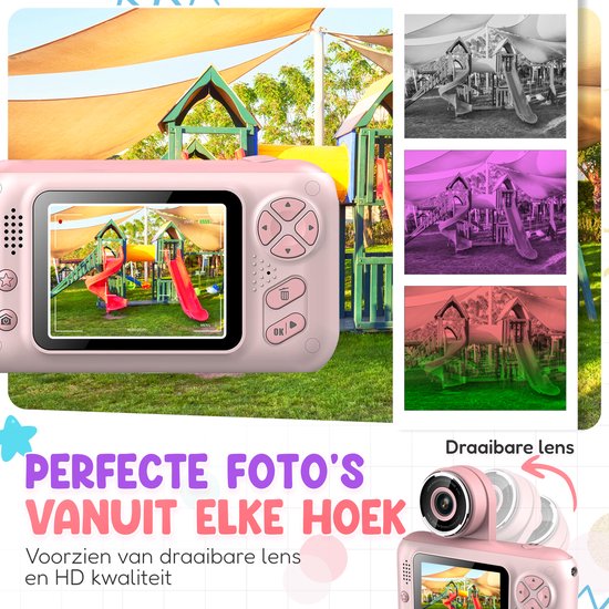Roze kindercamera met foto van speeltuin op scherm en verschillende kleureffecten. Tekst: "Perfecte foto's vanuit elke hoek".