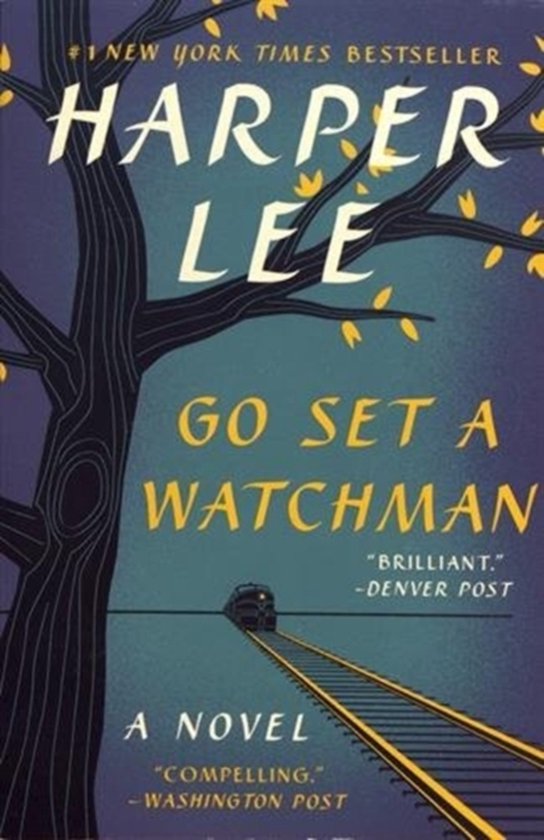 Couverture du livre 'Go Set a Watchman' par Harper Lee. Un arbre au premier plan, un train sur les rails à l'arrière-plan, avec des feuilles jaunes.