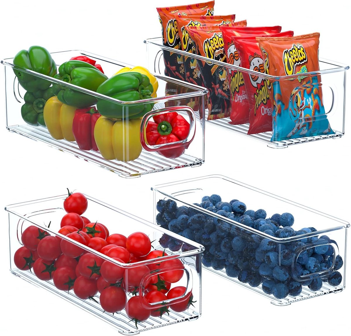 Koelkast-organizer, 4-delige set, stapelbare keuken-opbergdoos, kleine koelkastdozen met handgreep, transparante container voor keuken, kasten, vriezer, voorraadkast, BPA-vrij
