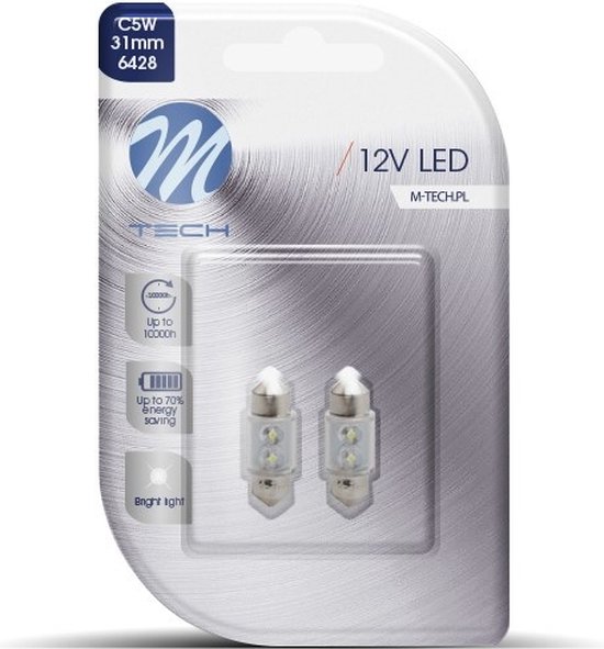 Verpakking met twee M-Tech 12V LED lampen, type C5W 31mm, met "up to 10000h" en "energy saving" indicaties.