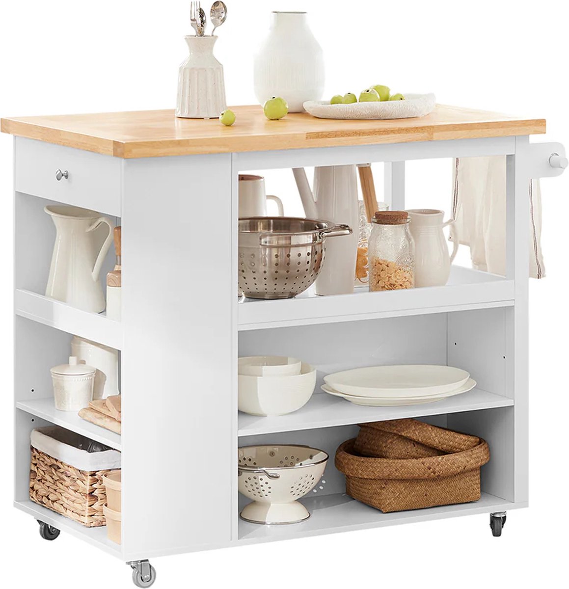 Keukeneiland - Verplaatsbaar - Keukenkast - Dressoir - Organizer - Kasten - Houten Werkblad - Multifunctioneel - Grote Opslagruimte - Wit