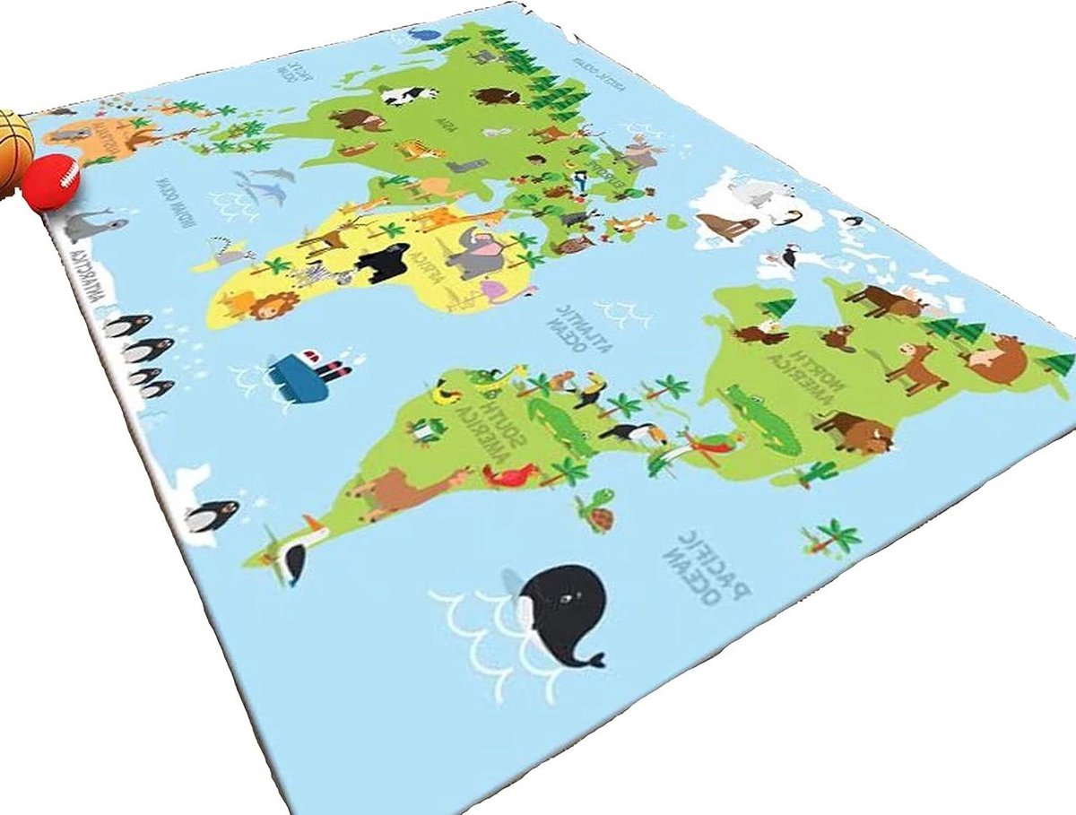 Baby kruipmat speelkleed wereldkaart dieren cartoon design 120 cm x 160 cm