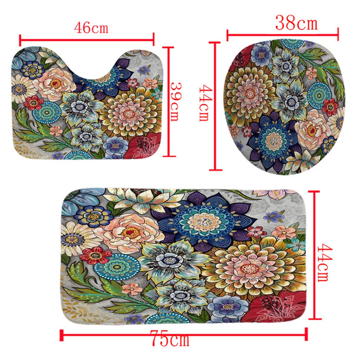 3-delige set badmatten in bohemian stijl antislip wasbare badkamermatten set 3D digitaal p