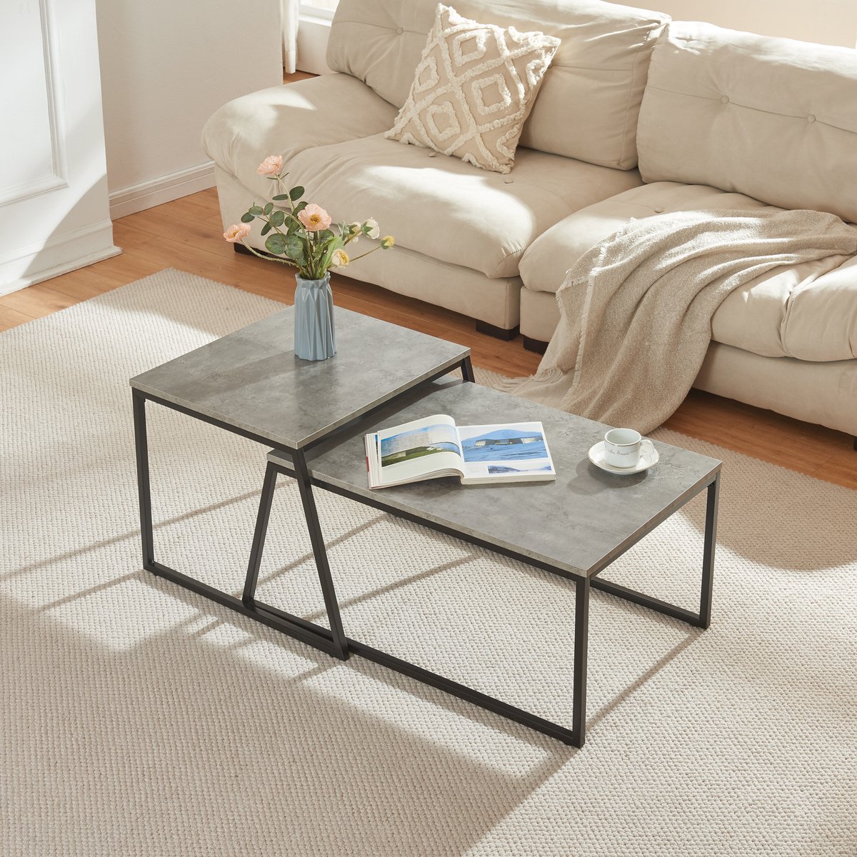 en.casa Salontafel Hyllestad set van 2 zwart en betonkleurig [en.casa]