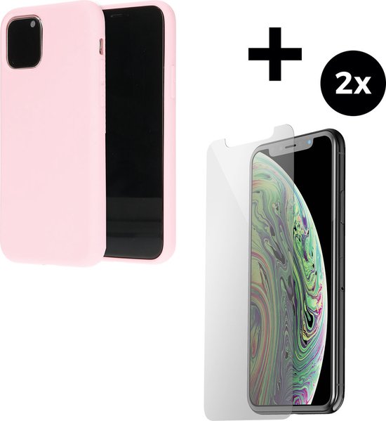 Mobiparts Silicone Cover hoesje geschikt voor Apple iPhone 11 Pro met 2 Screenprotectors van Gehard Glas - Roze
