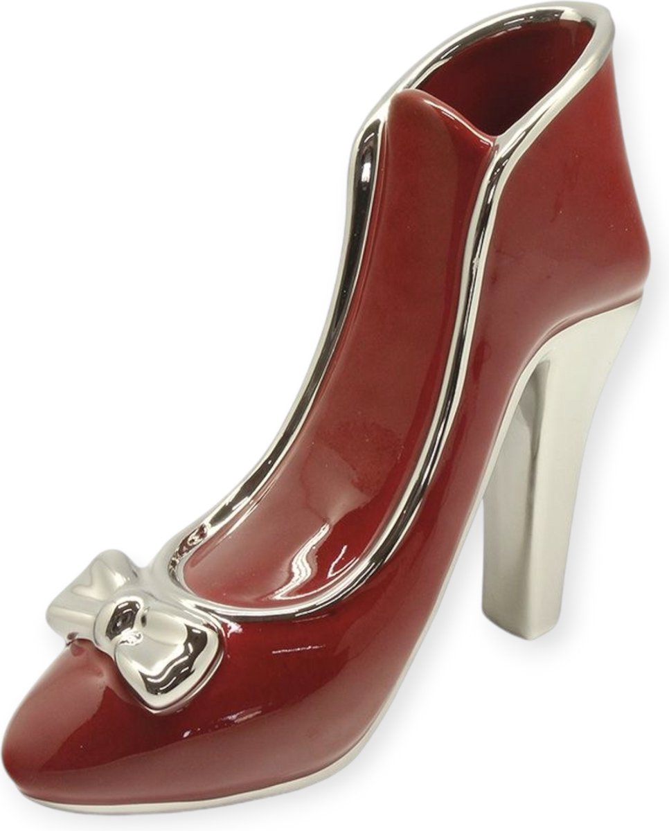 Gilde Handwerk - Vaas - High Heels - Pump - Rood/Zilver - Keramiek - 8x21.5x20cm