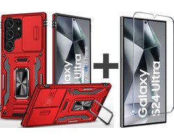 BixB hoesje met screenprotector van gehard glas Geschikt voor Samsung Galaxy S24 Ultra hoesje - Hybrid Armor Anti-Shock TPU backcover - met Ringhouder - Rood